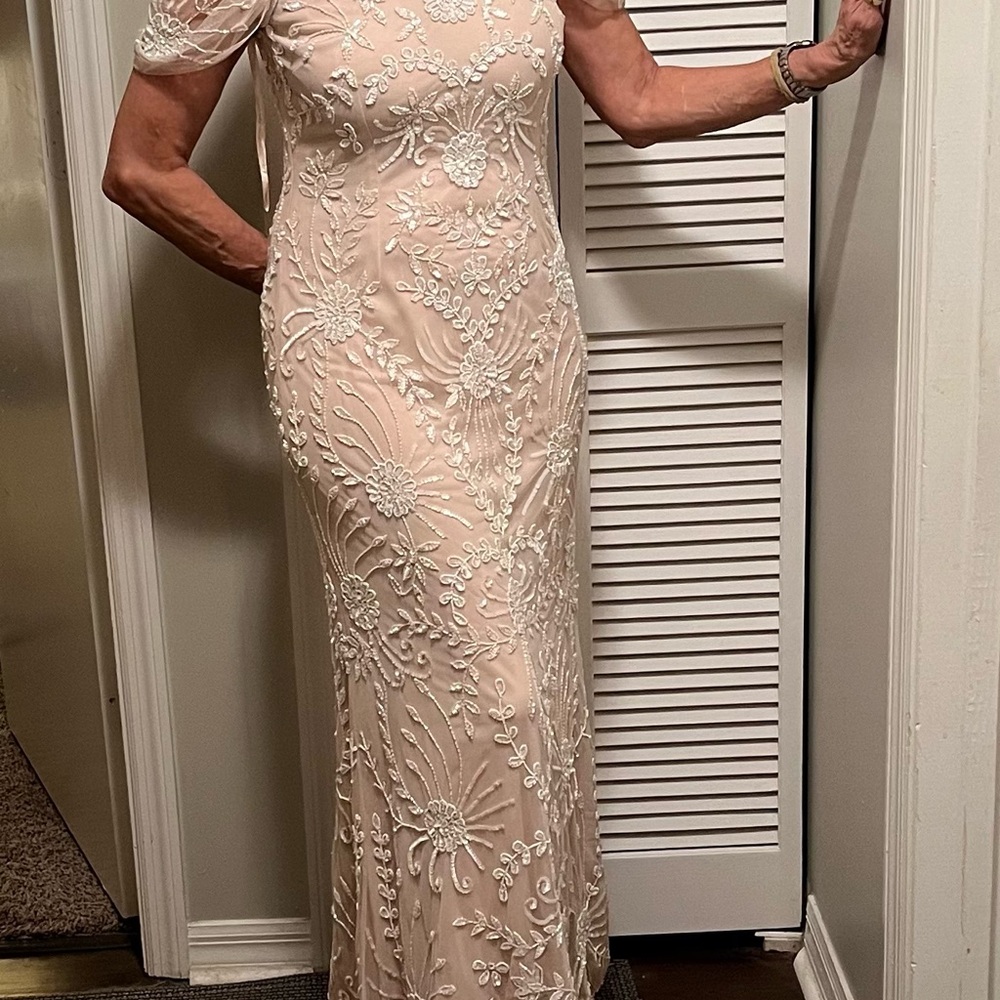 Adrianna Papell Elegant Cream Embroidered Evening Gown
